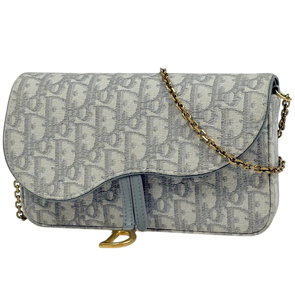 Christian Dior Trotter Chain Wallet Shoulder Bag Saddle Canvas Gray